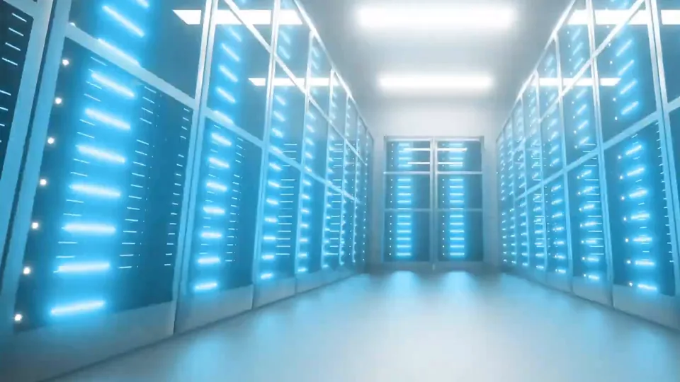 3D render of a glowing server corridor