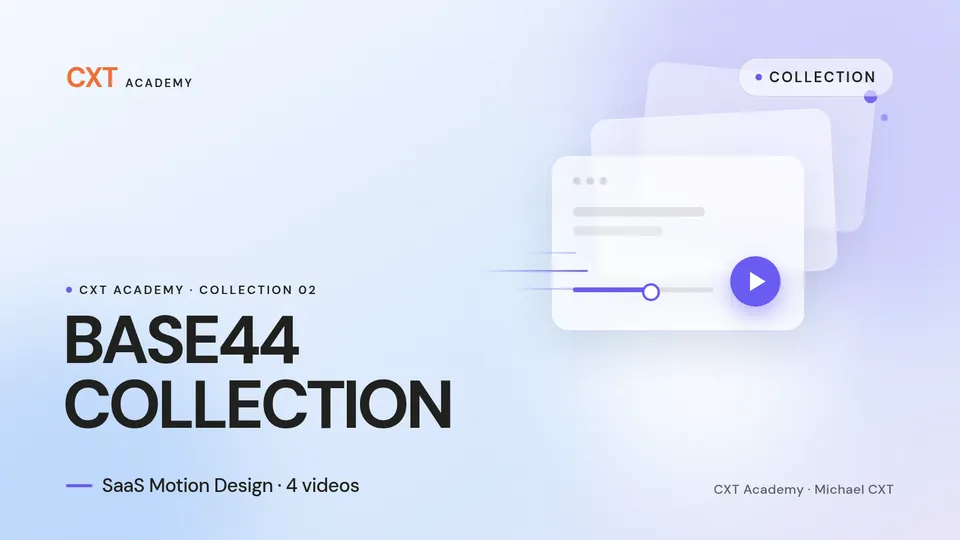 Base44 Collection cover: CXT Academy layered video cards with a violet play button